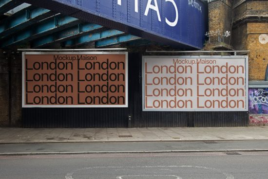 Urban billboard mockups with repetitive London text, showcasing font design and display capabilities for advertising in a realistic street setting.