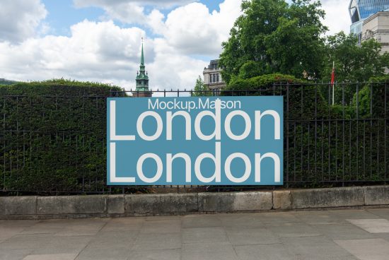 Urban billboard mockup with blue London text design on hedge background for outdoor advertising graphic presentation.