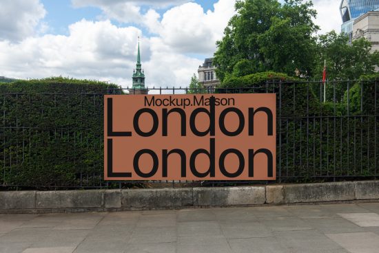 Urban billboard mockup with editable text reading London on a hedge background for outdoor advertising designs.