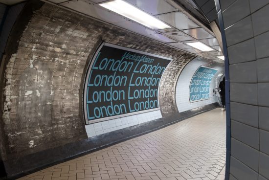 Subway tunnel with repeated London text design on billboards, showcasing urban Mockup for advertising, suitable for graphic display Templates.