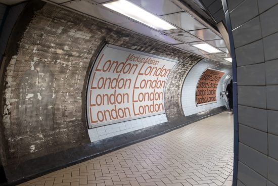 Curved underground tunnel mockup with repetitive 'London' text on posters, ideal for showcasing font and graphic design.