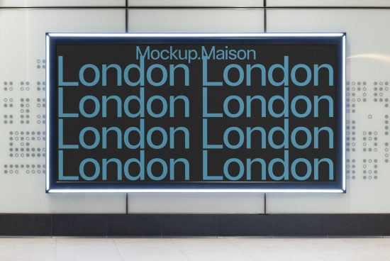 Illuminated poster mockup in a metropolitan setting displaying bold London typography, ideal for urban design presentations.