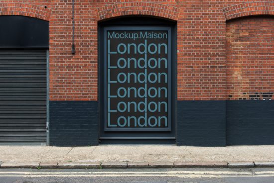 Urban storefront poster mockup with repeated 'London' text, showcasing font design and display for marketing assets. Brick wall background.