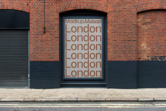 Urban poster mockup on a brick wall storefront for design presentation, featuring bold 'London' text. Street level, realistic environment for graphic designers.