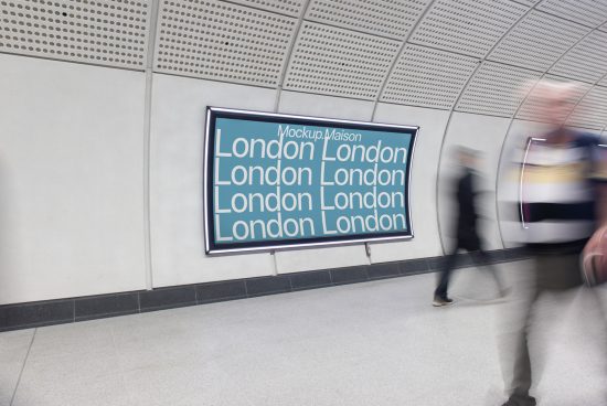 Modern subway advertisement mockup with motion blur effect in a metro station, featuring multiple "London" texts for graphic and template design.