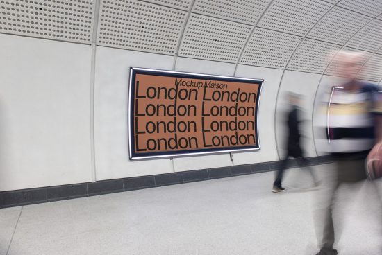 Subway poster mockup with repeated 'London' text design, blurred walking person, modern urban advertising space for designers.