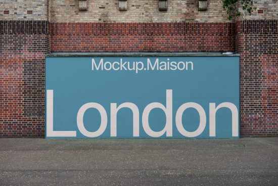 Billboard mockup on a brick wall with text "London" for graphic design and advertising presentations.