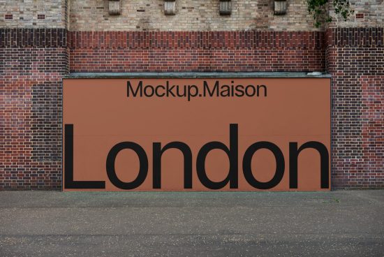 Outdoor advertising mockup on brick wall with bold London typography design, ideal for presenting billboard and signage graphics.