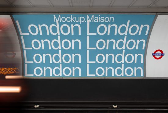Mockup of an advertisement with repetitive London text in the subway, showcasing font design and display capabilities for urban mockups.