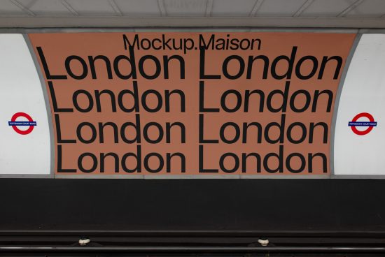 Mockup of urban subway signage with repetitive London text and iconic Tube logo, ideal for designers creating transport-themed graphics.