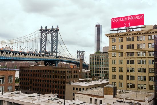 Billboard mockup on a building in an urban landscape with bridge in the background, ideal for designers to showcase outdoor advertising designs.