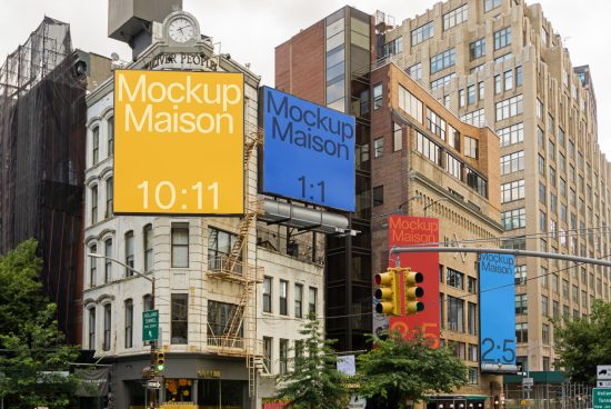 Urban billboard mockup displays with editable design space in a realistic cityscape setting for outdoor advertising, targeted at graphic designers.