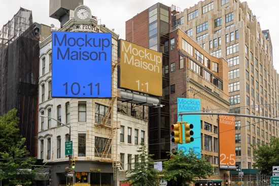 Urban billboard mockups on city buildings for outdoor advertising design presentation, clear blue sky, busy street view, design templates.