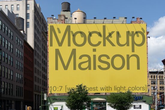 Urban billboard mockup displaying bold typography for product advertising, set against a city backdrop with clear skies, ideal for designers.