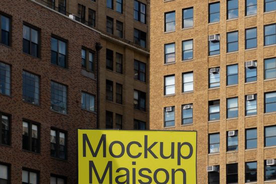 Urban billboard mockup on yellow background with cityscape, suitable for presenting outdoor advertising and designs to clients.