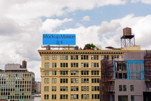 Billboard mockup on building rooftop with clear sky for outdoor advertising, digital asset for urban design presentations.