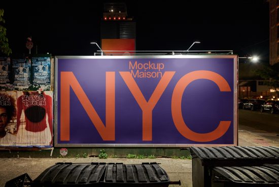 Billboard mockup at night with NYC text design, urban outdoor advertising backdrop for graphic designers.