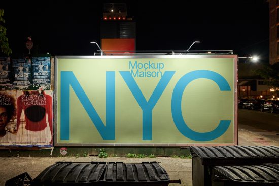 Nighttime billboard mockup featuring large NYC letters with Mockup Maison branding, urban setting for designers' presentations.