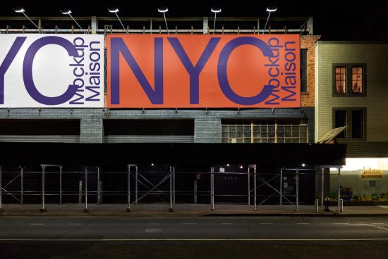 Urban billboard mockup displaying bold NYC text at night, ideal for presenting outdoor advertising designs to clients.