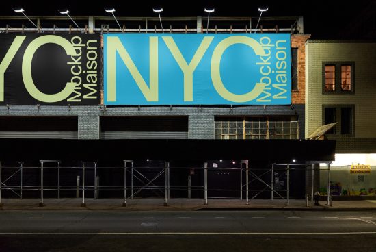 Billboard mockup with NYC graphic design at night, on urban building, advertising space for graphic designers and marketers.