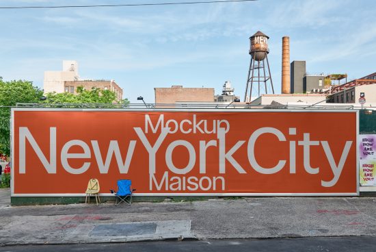 Urban billboard mockup with bold New York City text graphic design, clear sky, and industrial backdrop for designers' templates.