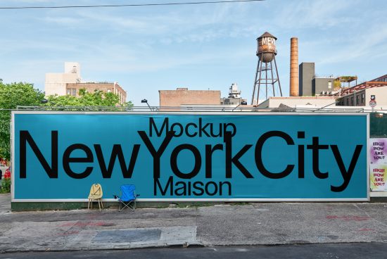 Outdoor billboard mockup with bold New York City font design, urban backdrop, ideal for graphic presentation and font showcasing.