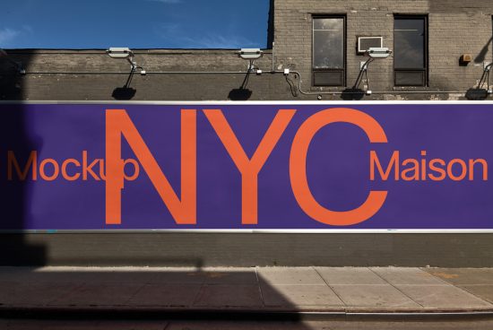 Urban street billboard mockup with large text NYC, clear sky background, ideal for advertising and branding design presentations.