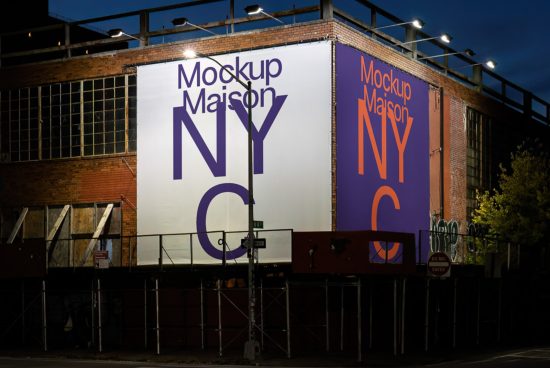 Urban billboard mockup at dusk featuring bold typography design reading Mockup Maison NYC, ideal for graphics and template displays.