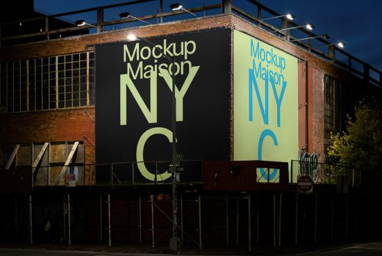 Nighttime view of large billboards with Mockup Maison NYC text, urban setting for mockup graphic design resources.