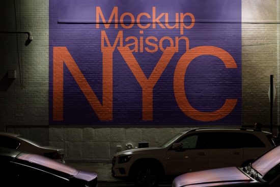 Urban wall mockup with graffiti-style typography reading Mockup Maison NYC, nighttime setting, cars in foreground, for graphic design assets.