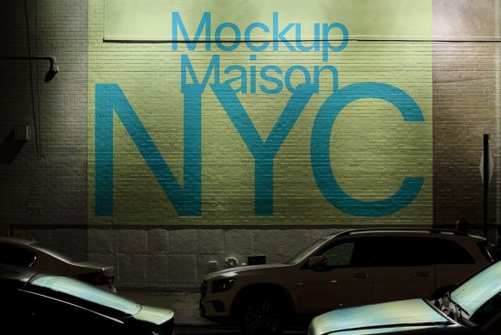 Urban street wall mockup with stylized text 'Mockup Maison NYC' at night, for graphic design, branding, and advertising presentations.