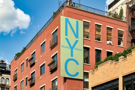 Urban building mockup with NYC signage, perfect for showcasing design projects in a realistic setting. Ideal for graphics, templates, and mockups category.