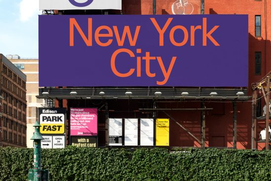 Urban billboard mockup with bold New York City text, street view, ideal for designers to showcase advertising designs in a realistic setting.