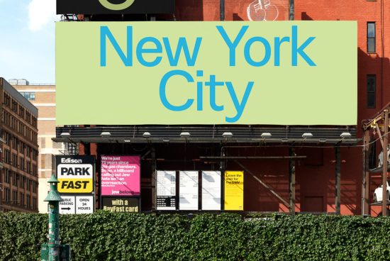 Billboard mockup in urban setting with clear sky, advertising New York City, ideal for designers to showcase graphics and branding work.