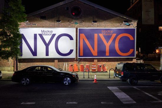 Nighttime street view with two large mockup billboards displaying "NYC" text, cars parked below, ideal for showcasing advertising designs.