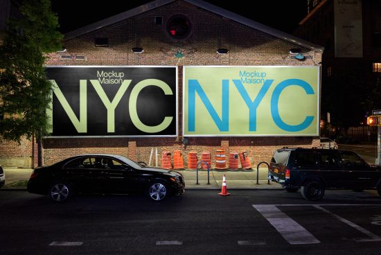 Urban billboard mockup displaying NYC ad at night with cars and street ambiance for graphic design and advertising mockup presentations.