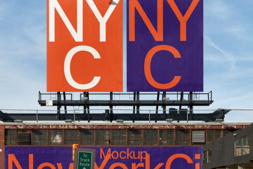 Billboard mockup on a building featuring bold NYC typography design, under clear blue sky, ideal for graphic presentation and advertising.