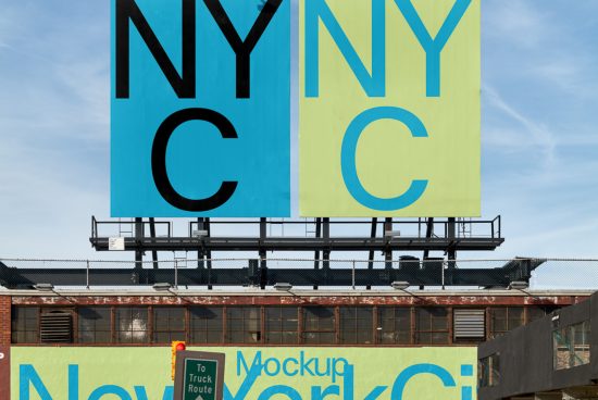 Billboard mockup on urban building with bold NYC typography design, clear sky background, ideal for designers to showcase outdoor advertising work.
