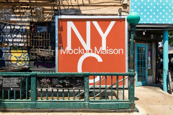 Urban storefront mockup with large red sign graphic design for outdoor advertising presentation, situated in a vibrant neighborhood setting.