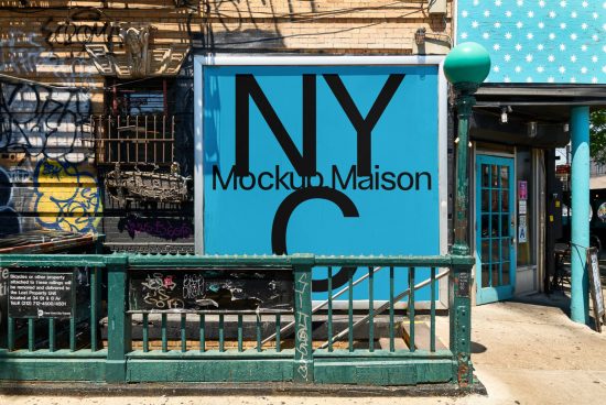 Urban storefront mockup with bold NY Mockup Maison signage, ideal for designers needing realistic templates for branding presentations.