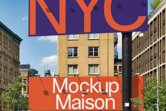 Urban billboard mockup with bold typography showcasing NYC design, ideal for presentations in cityscape settings, graphics category.