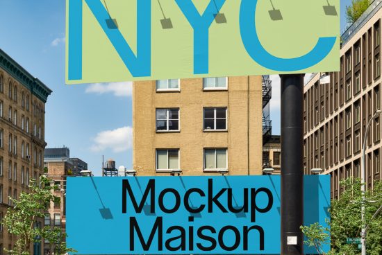 Urban billboard mockup featuring NYC text, ideal for presenting advertising designs, cityscape view perfect for mockup category.