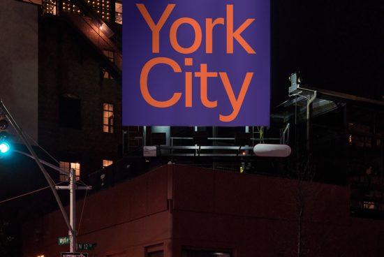 Urban billboard mockup at night with bold typography displaying York City, ideal for showcasing design projects in graphics and templates.