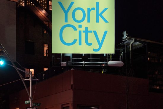 Urban billboard mockup at night featuring bold typography reading York City, ideal for presenting outdoor advertising designs to clients.