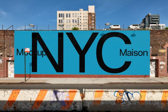Urban billboard mockup with the text NYC on a building wall, clear skies, ideal for designers to showcase advertising designs.