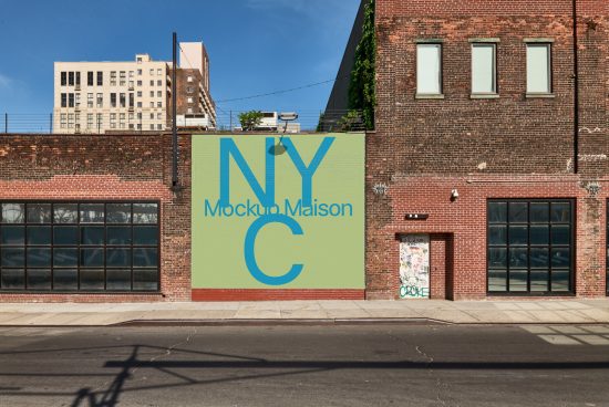 Urban street scene with large mockup wall advertisement, featuring bold typography and graphic design, ideal for showcasing branding and design projects.