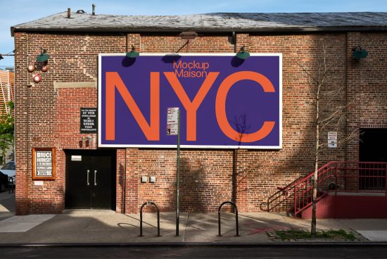 Urban billboard mockup with bold NYC typography for outdoor advertising, set against a brick wall background, perfect for designers' presentations.