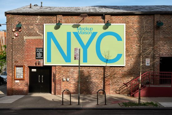 Urban billboard mockup on a brick building with a large NYC sign, perfect for designers to showcase advertising graphics and fonts.