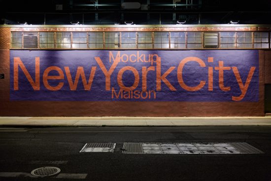 Urban wall mockup showcasing bold typographic design with New York City theme at night for graphic and template designers.