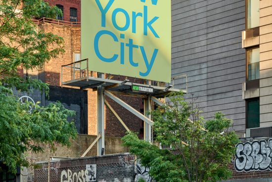 Urban billboard mockup with bold font design in New York City setting, perfect for outdoor advertising and graphic design display.